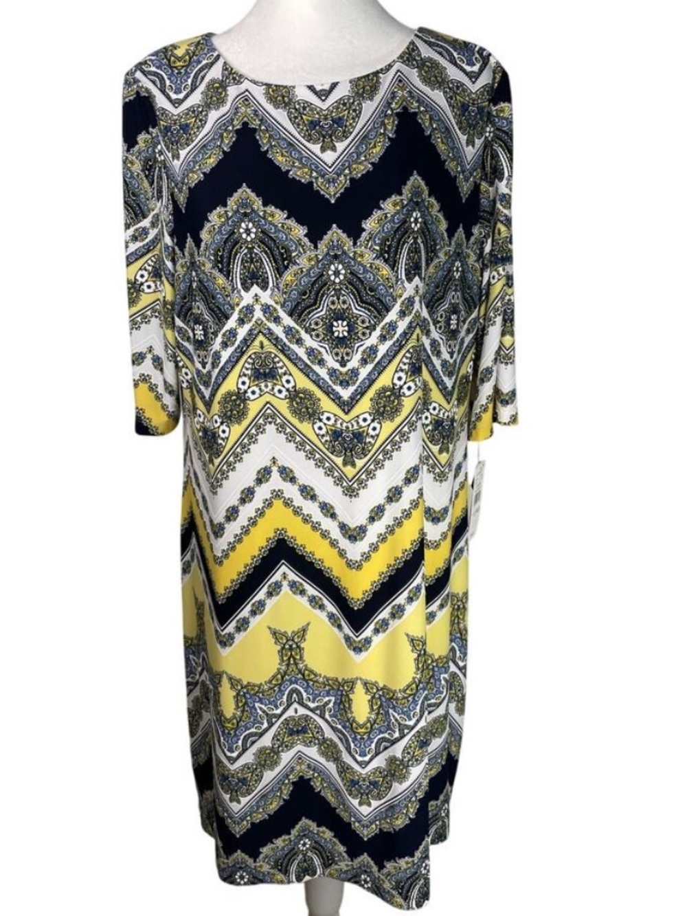 Studio One Yellow, Navy & White Chevron Paisley Dress